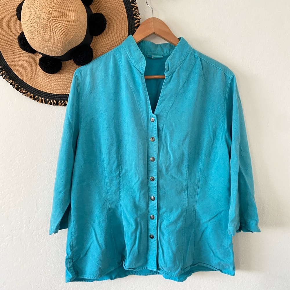 ✨ Tianello Turquoise Blue Tencel Button Down Dynasty Blouse ✨